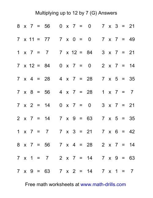 The 36 Horizontal Multiplication Facts Questions -- 7 by 0-12 (G) Math Worksheet Page 2