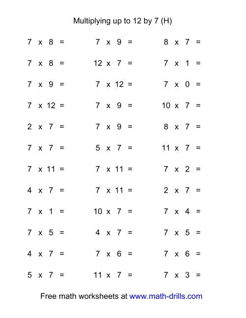 The 36 Horizontal Multiplication Facts Questions -- 7 by 0-12 (H) Math Worksheet