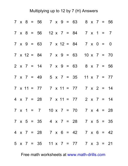 The 36 Horizontal Multiplication Facts Questions -- 7 by 0-12 (H) Math Worksheet Page 2