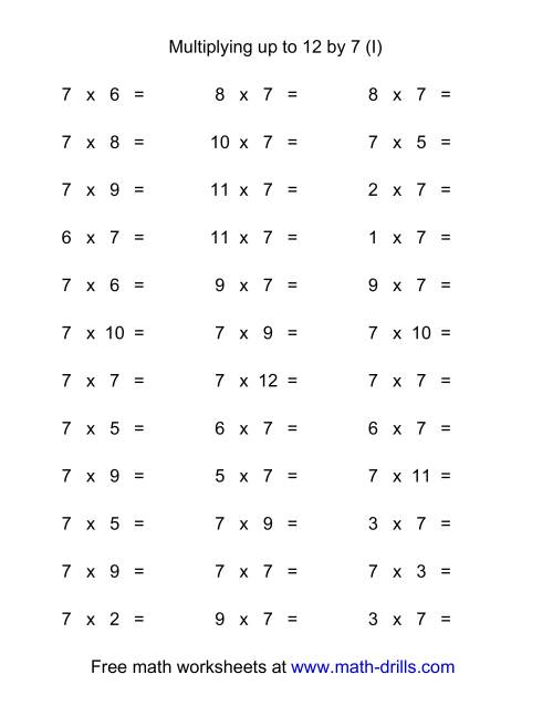 The 36 Horizontal Multiplication Facts Questions -- 7 by 0-12 (I) Math Worksheet