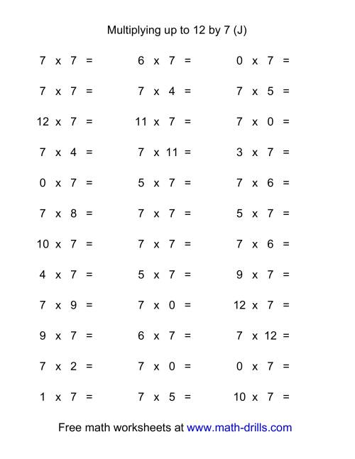 The 36 Horizontal Multiplication Facts Questions -- 7 by 0-12 (J) Math Worksheet