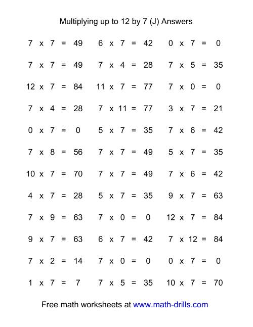 The 36 Horizontal Multiplication Facts Questions -- 7 by 0-12 (J) Math Worksheet Page 2