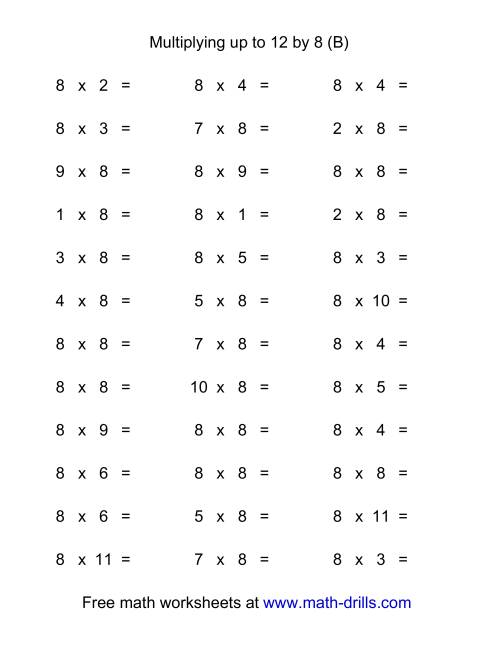 The 36 Horizontal Multiplication Facts Questions -- 8 by 0-12 (B) Math Worksheet