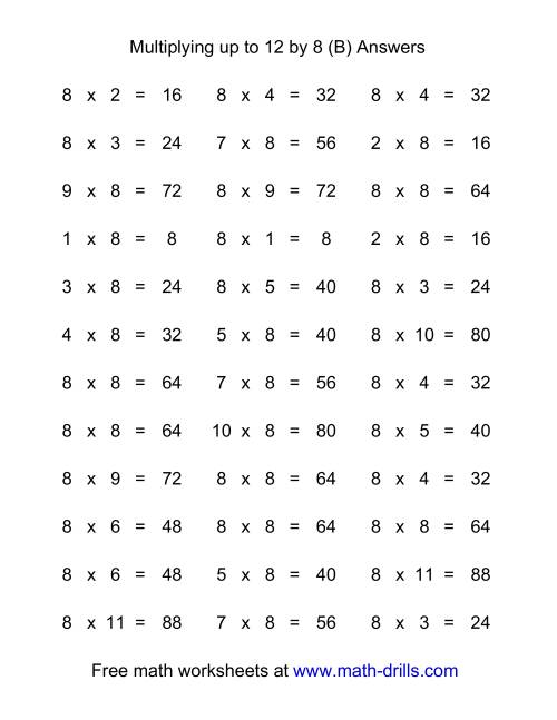 The 36 Horizontal Multiplication Facts Questions -- 8 by 0-12 (B) Math Worksheet Page 2