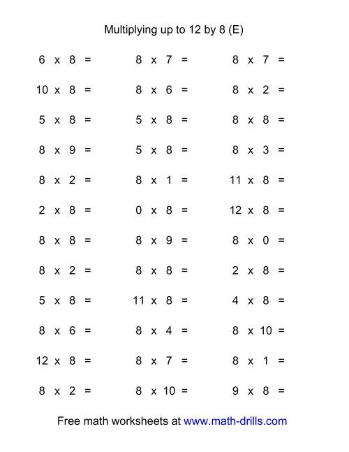The 36 Horizontal Multiplication Facts Questions -- 8 by 0-12 (E) Math Worksheet