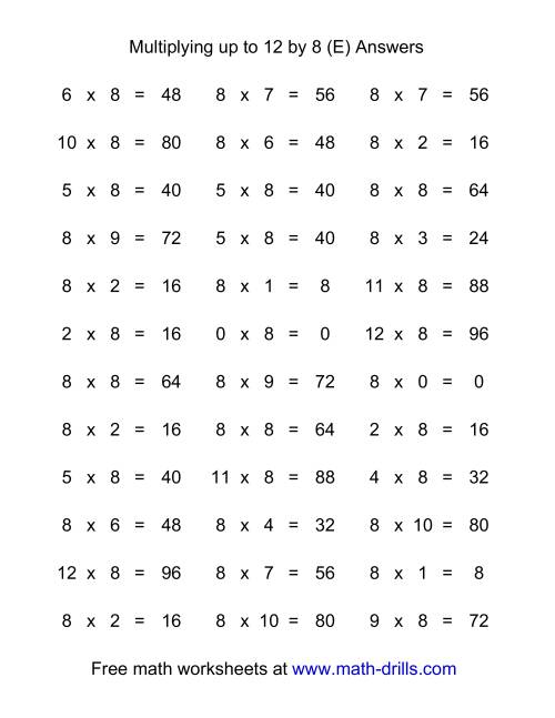 The 36 Horizontal Multiplication Facts Questions -- 8 by 0-12 (E) Math Worksheet Page 2