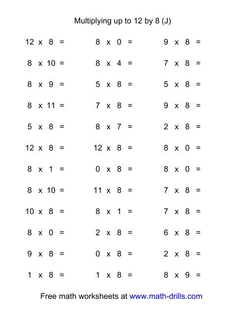 The 36 Horizontal Multiplication Facts Questions -- 8 by 0-12 (J) Math Worksheet