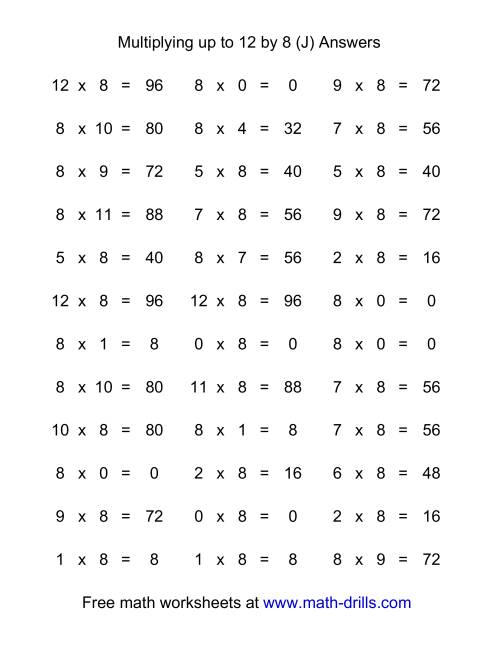 The 36 Horizontal Multiplication Facts Questions -- 8 by 0-12 (J) Math Worksheet Page 2