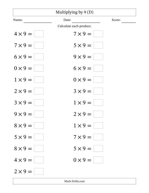 The Horizontally Arranged Multiplying (0 to 9) by 9 (25 Questions; Large Print) (D) Math Worksheet