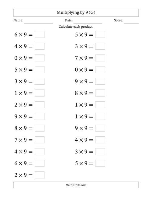 The Horizontally Arranged Multiplying (0 to 9) by 9 (25 Questions; Large Print) (G) Math Worksheet
