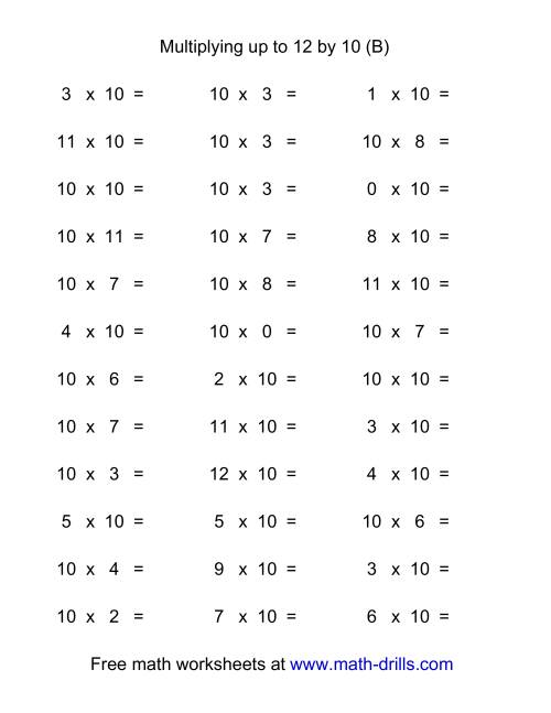 The 36 Horizontal Multiplication Facts Questions -- 10 by 0-12 (B) Math Worksheet