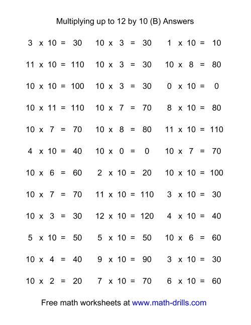 The 36 Horizontal Multiplication Facts Questions -- 10 by 0-12 (B) Math Worksheet Page 2
