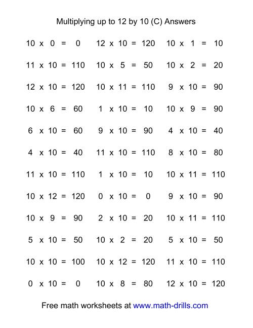 The 36 Horizontal Multiplication Facts Questions -- 10 by 0-12 (C) Math Worksheet Page 2