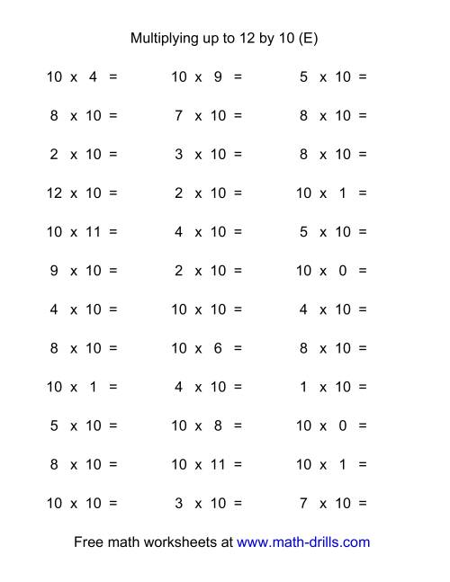 The 36 Horizontal Multiplication Facts Questions -- 10 by 0-12 (E) Math Worksheet