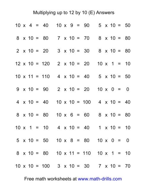 The 36 Horizontal Multiplication Facts Questions -- 10 by 0-12 (E) Math Worksheet Page 2