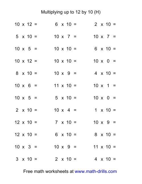 The 36 Horizontal Multiplication Facts Questions -- 10 by 0-12 (H) Math Worksheet