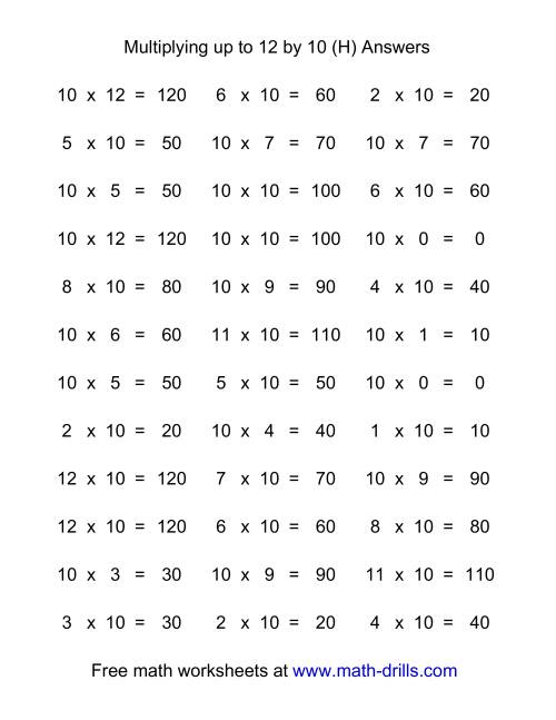 The 36 Horizontal Multiplication Facts Questions -- 10 by 0-12 (H) Math Worksheet Page 2
