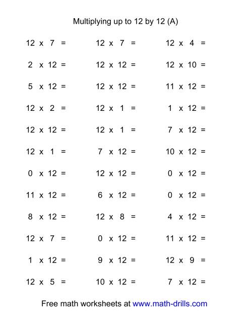 The 36 Horizontal Multiplication Facts Questions -- 12 by 0-12 (A) Math Worksheet