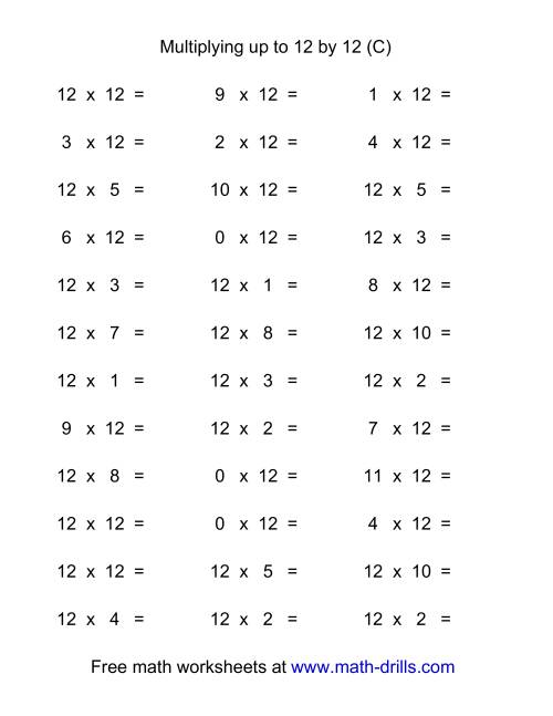 The 36 Horizontal Multiplication Facts Questions -- 12 by 0-12 (C) Math Worksheet