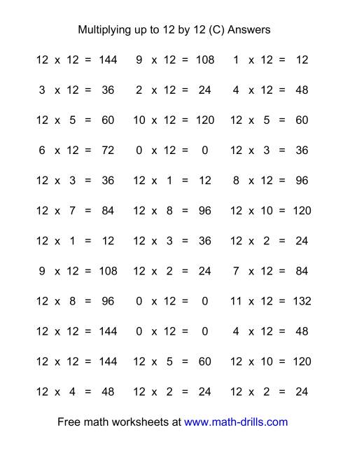 The 36 Horizontal Multiplication Facts Questions -- 12 by 0-12 (C) Math Worksheet Page 2
