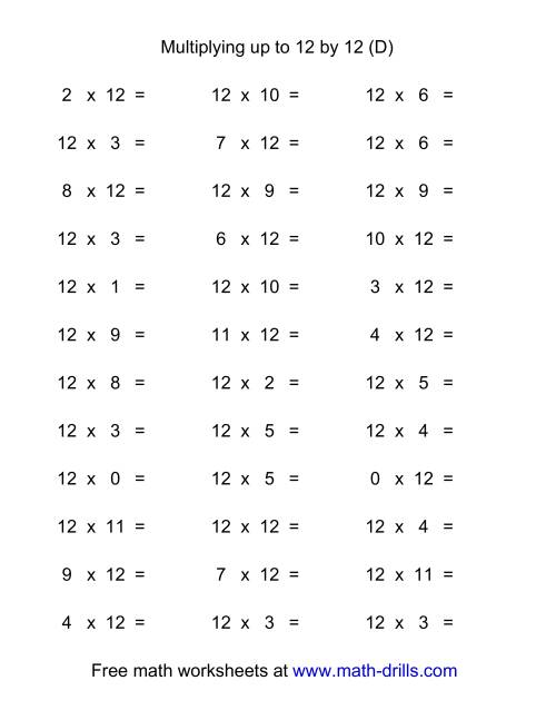 The 36 Horizontal Multiplication Facts Questions -- 12 by 0-12 (D) Math Worksheet