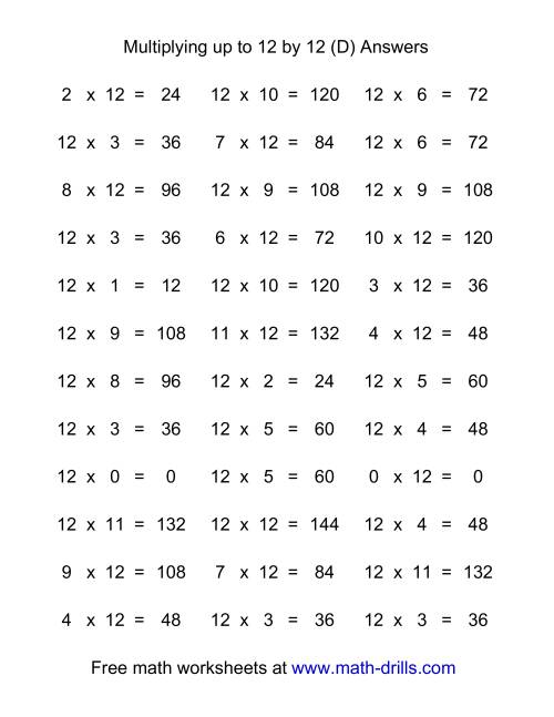 The 36 Horizontal Multiplication Facts Questions -- 12 by 0-12 (D) Math Worksheet Page 2