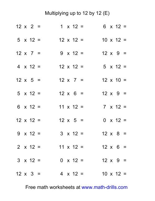 The 36 Horizontal Multiplication Facts Questions -- 12 by 0-12 (E) Math Worksheet