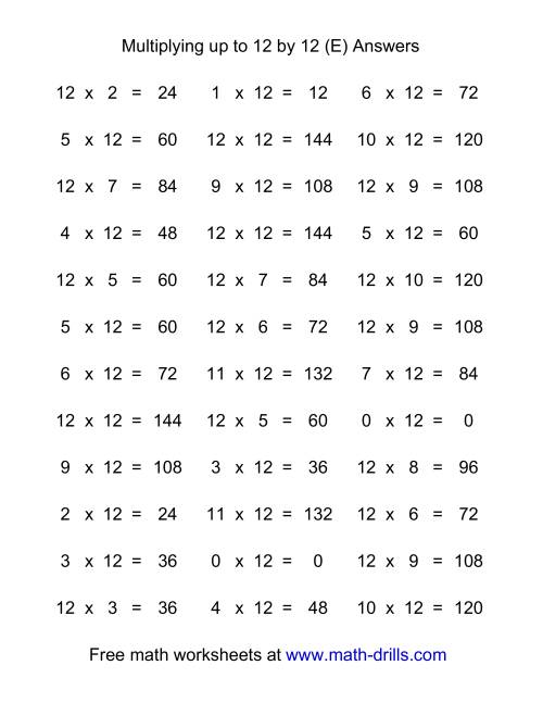 The 36 Horizontal Multiplication Facts Questions -- 12 by 0-12 (E) Math Worksheet Page 2