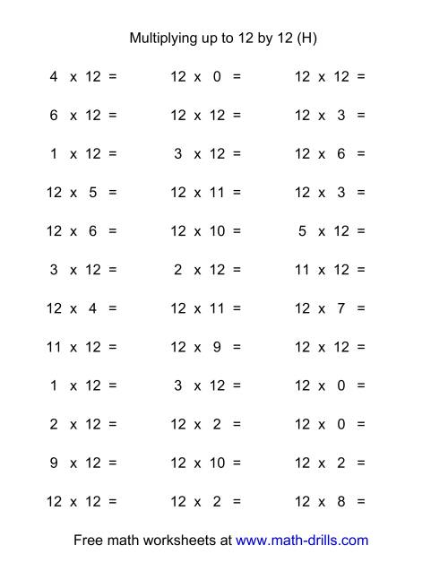 The 36 Horizontal Multiplication Facts Questions -- 12 by 0-12 (H) Math Worksheet