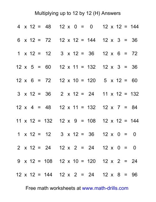 The 36 Horizontal Multiplication Facts Questions -- 12 by 0-12 (H) Math Worksheet Page 2