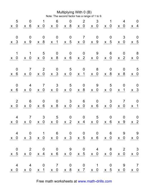 The 100 Vertical Questions -- Multiplication Facts -- 0 by 1-9 (B) Math Worksheet