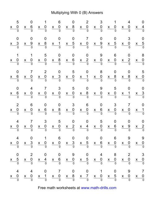 The 100 Vertical Questions -- Multiplication Facts -- 0 by 1-9 (B) Math Worksheet Page 2