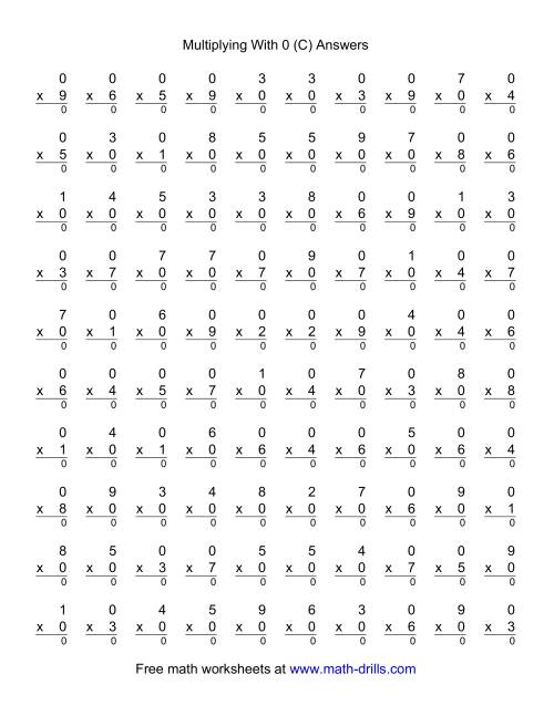 The 100 Vertical Questions -- Multiplication Facts -- 0 by 1-9 (C) Math Worksheet Page 2