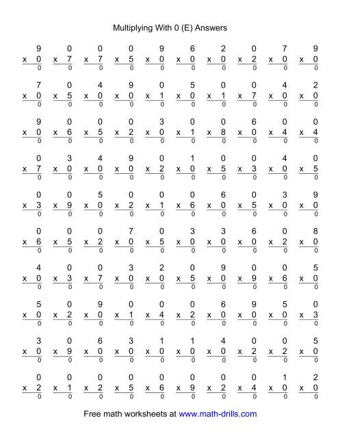 The 100 Vertical Questions -- Multiplication Facts -- 0 by 1-9 (E) Math Worksheet Page 2