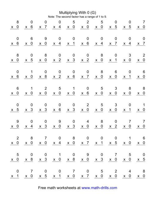 The 100 Vertical Questions -- Multiplication Facts -- 0 by 1-9 (G) Math Worksheet