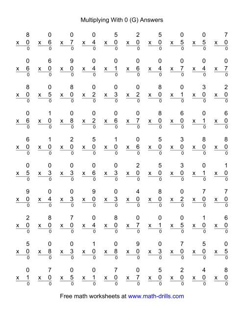 The 100 Vertical Questions -- Multiplication Facts -- 0 by 1-9 (G) Math Worksheet Page 2