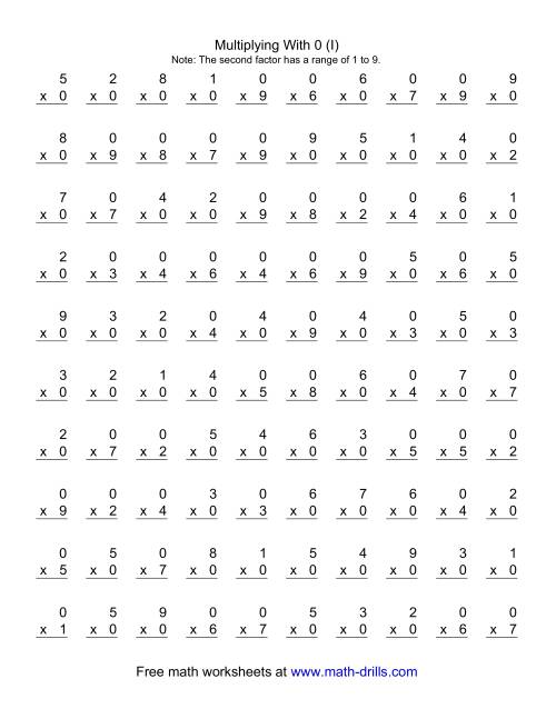The 100 Vertical Questions -- Multiplication Facts -- 0 by 1-9 (I) Math Worksheet
