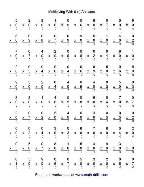 The 100 Vertical Questions -- Multiplication Facts -- 0 by 1-9 (I) Math Worksheet Page 2