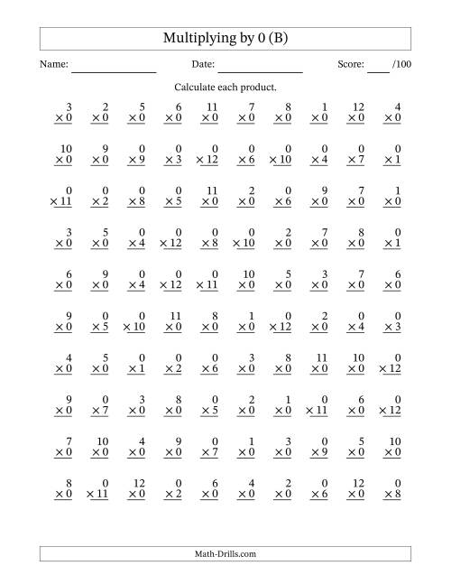 The Multiplying (1 to 12) by 0 (100 Questions) (B) Math Worksheet