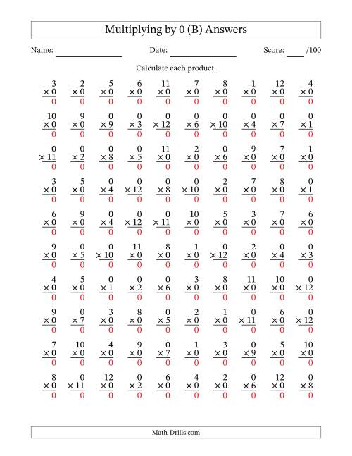 The Multiplying (1 to 12) by 0 (100 Questions) (B) Math Worksheet Page 2