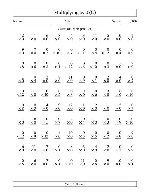 The Multiplying (1 to 12) by 0 (100 Questions) (C) Math Worksheet