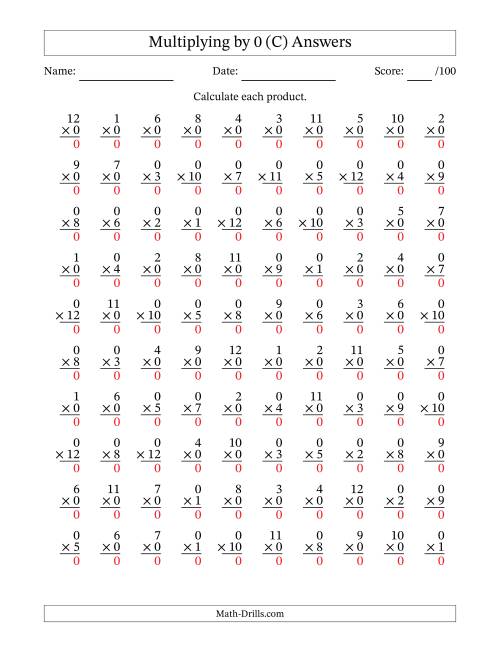 The Multiplying (1 to 12) by 0 (100 Questions) (C) Math Worksheet Page 2