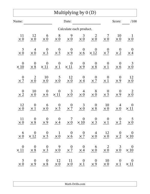 The Multiplying (1 to 12) by 0 (100 Questions) (D) Math Worksheet