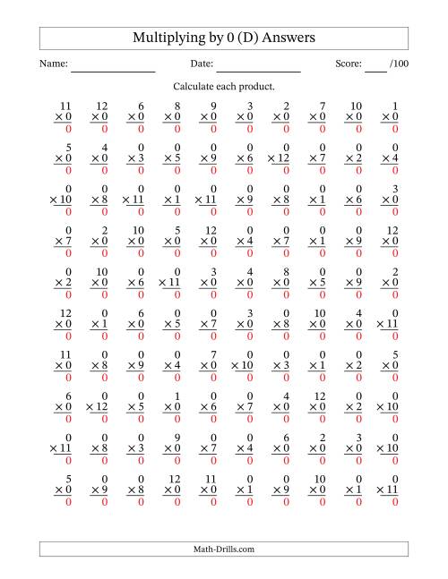 The Multiplying (1 to 12) by 0 (100 Questions) (D) Math Worksheet Page 2