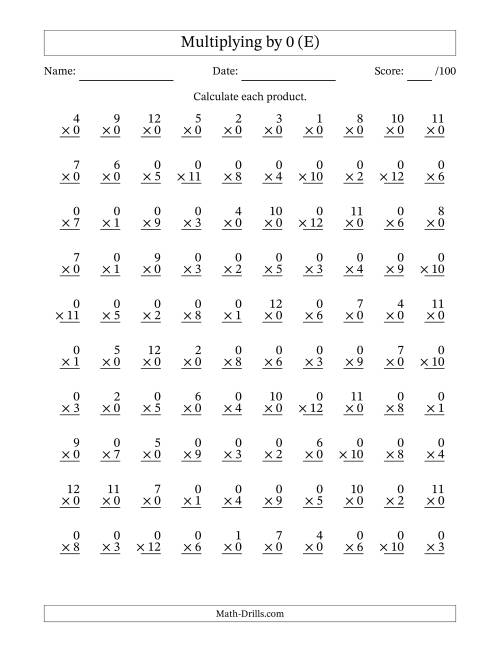 The Multiplying (1 to 12) by 0 (100 Questions) (E) Math Worksheet