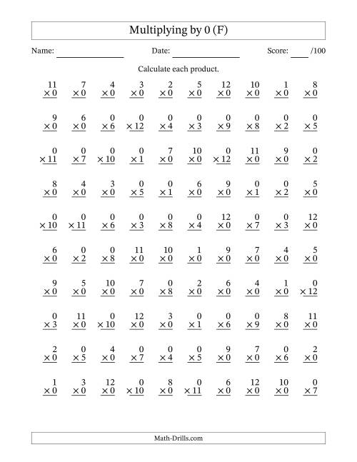 The Multiplying (1 to 12) by 0 (100 Questions) (F) Math Worksheet