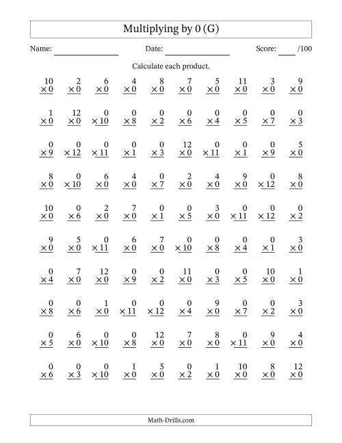 The Multiplying (1 to 12) by 0 (100 Questions) (G) Math Worksheet
