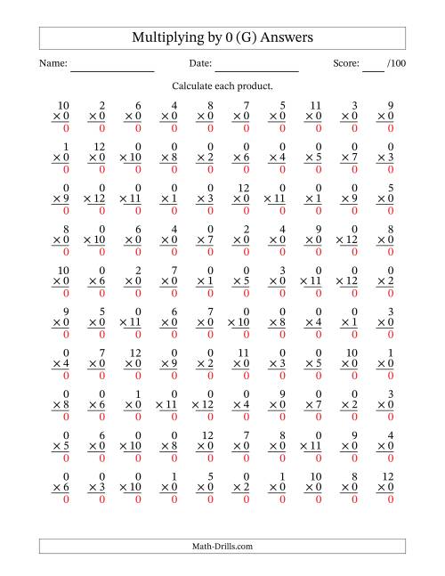 The Multiplying (1 to 12) by 0 (100 Questions) (G) Math Worksheet Page 2