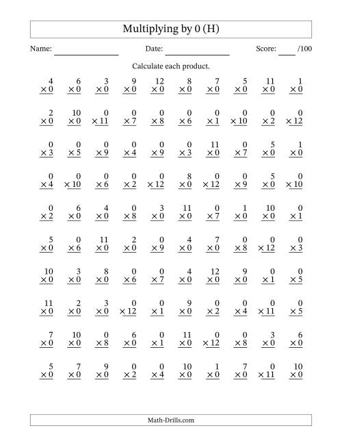 The Multiplying (1 to 12) by 0 (100 Questions) (H) Math Worksheet