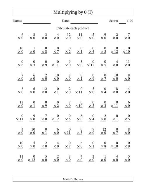 The Multiplying (1 to 12) by 0 (100 Questions) (I) Math Worksheet